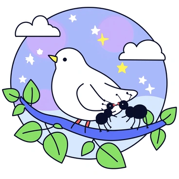 A storybook cover featuring a "colombe" with white feathers and an elegant posture perched on a branch. Beside it is a small black ant with tiny legs and antennae, standing confidently. The background is filled with vibrant colors, showcasing a magical landscape with swirling clouds and sparkling stars. Lush green leaves surround the branch, creating a sense of wonder and adventure.