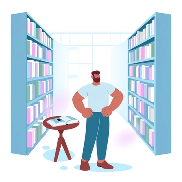 A person is standing in the middle of a library surrounded by towering bookshelves filled with countless books. The person has their hands on their hips, looking up at the shelves with an expression of bewilderment. A wooden table nearby is scattered with open books and a notebook. Soft lighting filters through large windows, casting gentle shadows across the floor. The room is filled with an array of colorful book spines, creating a vibrant atmosphere of knowledge and curiosity.