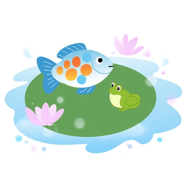 A colorful fish is resting on a large green lily pad alongside a bright green frog. The fish has vibrant scales that reflect various shades of blue, orange, and yellow. The frog is perched comfortably, with its legs tucked beneath and a few water droplets glistening on its skin. Surrounding the lily pad are gentle ripples in the water, and there are several delicate water lilies in bloom nearby. The surface of the pond has a soft gradient of pastel colors that blend harmoniously.