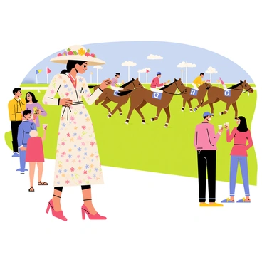 A woman wearing an elegant, flowing dress adorned with floral patterns stands in a vibrant outdoor setting. She has a large, wide-brimmed hat that casts a shadow over her face, decorated with colorful ribbons and flowers. Around her, spectators are gathered, some holding drinks and others chatting excitedly. In the background, several majestic horses are racing along a green track, with jockeys dressed in bright colors urging them forward. The atmosphere is lively, filled with flags and banners fluttering in the breeze.