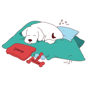 A dog peacefully sleeping on a bed, surrounded by personalized toys and blankets.