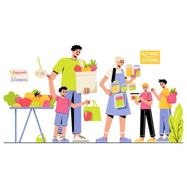 A family of four is engaged in a zero-waste lifestyle at a sunny outdoor market. The father, wearing a green t-shirt, carries a large canvas bag filled with fresh produce. The mother, dressed in a light blue dress, holds several glass containers filled with bulk food items. Two children, a boy and a girl, are picking out fruits while using small reusable bags. Colorful fruits and vegetables are displayed on the stalls around them, and a sign nearby reads "Support Local Farmers." The scene is vibrant and lively, showcasing the family's commitment to sustainable living.