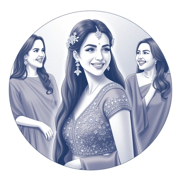 A modern Indian bride wearing an intricately designed lehenga, adorned with detailed embroidery, is captured in a candid moment. Her long hair is styled elegantly, with delicate floral accessories woven throughout. She is surrounded by her friends, who are dressed in vibrant traditional outfits, each expressing joy and laughter. The background reveals elements typical of a wedding event, such as elaborate decorations and a festive atmosphere. The bride's expression is one of genuine happiness, showcasing the bonds of friendship during the celebration.