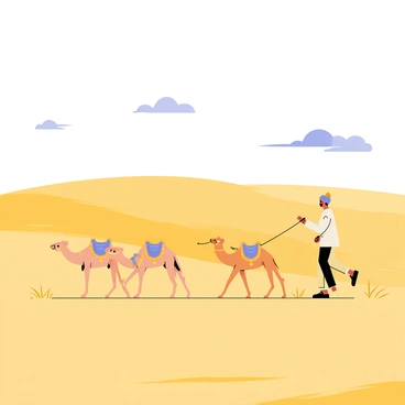 An Indian camel herder wearing a colorful traditional turban, guiding a small caravan of four camels through a vast desert landscape. The herder is dressed in light-colored clothing to reflect the sun's heat. The camels, each adorned with decorative saddles, are moving steadily across the golden sand dunes. Sparse patches of dry shrubs and a bright blue sky with a few wispy clouds can be seen in the background, adding to the arid atmosphere of the scene.