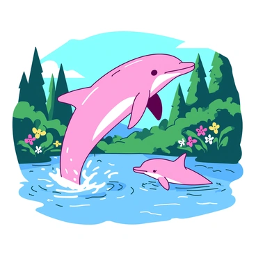 A pink river dolphin is leaping playfully out of the water in the Amazon River. The dolphin's skin glistens in the sunlight, showcasing its vibrant pink color. Another dolphin swims nearby, creating ripples in the water with its movement. Lush green vegetation lines the riverbank, with tall trees and a few colorful flowers peeking through the foliage. The clear water reflects the blue sky above, creating a lively scene of nature and playfulness.