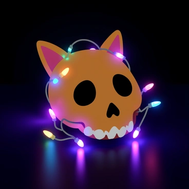 A cat skull positioned at the center, featuring intricate details such as sharp teeth and hollow eye sockets. Delicate twinkling fairy lights are wrapped around the skull, illuminating it with a warm, magical glow. The lights appear in various colors, casting vibrant reflections onto the surface beneath. The background is dark to enhance the glow of the lights, creating a striking contrast that emphasizes the skull's features.