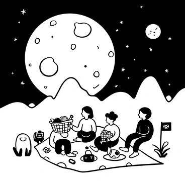 A detailed black-and-white illustration of the moon's surface, featuring craters and rocky terrain. In the foreground, a group of illustrated aliens with various shapes and sizes are sitting on a blanket, enjoying a picnic. The aliens are surrounded by an assortment of picnic items, including a basket filled with food and drinks, and a few funny-shaped snacks scattered around. There are also some alien plants and a flag planted nearby, marking their picnic spot. The night sky is filled with stars and a distant planet visible in the background.