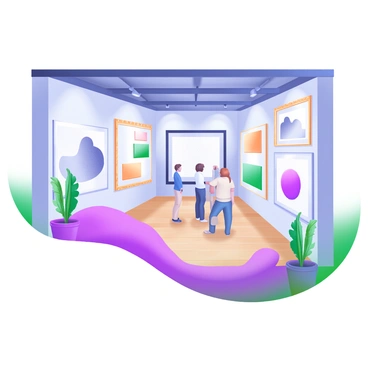 A spacious art exhibition hall with high ceilings and wooden flooring. The walls are adorned with various framed illustration artworks, showcasing a range of styles and subjects. Each frame is distinct, some with ornate designs while others are sleek and modern. Soft, diffused lighting illuminates the artworks, enhancing their colors and details. In the center of the hall, a small group of people are intently observing a large illustration piece. Potted plants are placed in the corners, adding a touch of greenery to the atmosphere.