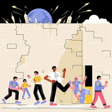 A dramatic scene of Wall Maria being breached by Titans, with people fleeing