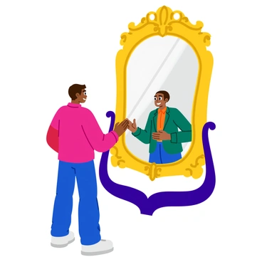 A person standing in front of a large, ornate mirror. The room is filled with bright colors, and the person has a neutral expression while gazing into the mirror. In the reflection, a confident future self is smiling back, dressed in a sharp suit. The future self exudes positivity, with sparkling eyes and an upright posture. The mirror's frame is intricate, featuring floral patterns, and soft light spills into the room, enhancing the hopeful atmosphere.