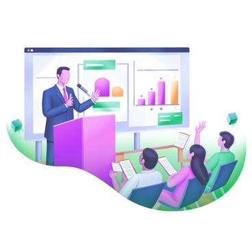 A modern pastel illustration of a financial advisor standing at a podium, delivering a presentation at an investment seminar. The advisor is wearing a suit and holding a microphone while gesturing confidently. In front of the podium, a diverse audience is seated, actively taking notes on notepads. Some audience members are raising their hands to ask questions. Behind the advisor, a large screen displays graphs and financial data in vibrant colors. The room is well-lit and features simple chairs and tables.