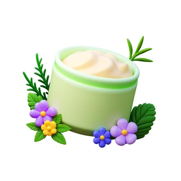 A jar of organic skin cream with a smooth, glossy surface. The jar is surrounded by fresh herbs such as rosemary and mint, with vibrant green leaves. There are colorful flowers like lavender and chamomile placed around the jar, adding pops of purple and yellow. The composition highlights the natural elements, creating a fresh and inviting atmosphere.