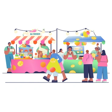 A lively outdoor festive celebration is taking place, filled with colorful stalls. Each stall is adorned with bright decorations featuring "jackfruit" motifs. One stall is selling "jackfruit-themed" desserts, showcasing a variety of sweet treats, while another is filled with handmade crafts inspired by the fruit. Tables are topped with vibrant tablecloths, and visitors are interacting joyfully, sampling the goodies. Strings of lights hang above the stalls, adding to the festive atmosphere. In the background, there are people enjoying the celebration, some taking pictures and others chatting with friends.