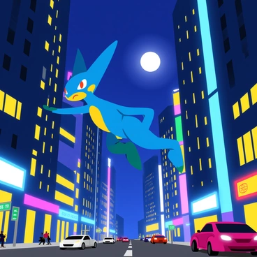 A blue Greninja with a sleek body and large, pointed ears is leaping between tall skyscrapers in a vibrant city at night. The scene is illuminated by glowing neon signs and streetlights, casting bright reflections on the glass windows of the buildings. Greninja's tongue is extended as it moves gracefully through the air, while the moonlight provides a soft glow that enhances its features. Below, the busy streets are filled with cars and pedestrians, creating a lively atmosphere in the cityscape.
