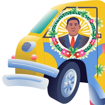 A close-up view of a jeepney's side showcases a vibrant mural depicting a historical figure. The jeepney's body is painted in bold colors, primarily yellow and blue, with intricate designs surrounding the mural. The historical figure is illustrated prominently, capturing their likeness in great detail, surrounded by motifs that represent cultural significance. The mural’s background features abstract patterns that enhance the overall visual impact. The chrome details of the jeepney, such as the bumpers and wheels, reflect light, adding a touch of brightness to the scene.