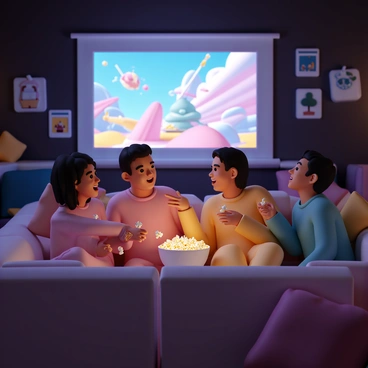 Peeps enjoying a movie night with popcorn and a big screen