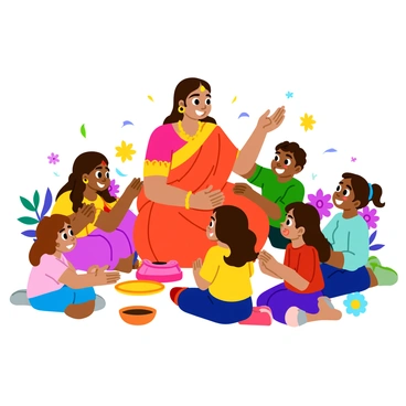 Maa Durga is depicted with a warm, gentle smile, surrounded by a diverse group of children. She is adorned in a bright red saree with intricate golden patterns, and her eyes radiate kindness. The children, of various ages and ethnic backgrounds, are sitting around her, looking up at her with expressions of joy and admiration. Some children are reaching out to touch her hand, while others are laughing and playing. The scene is filled with vibrant colors, creating a lively atmosphere. Flowers and traditional decorations surround them, enhancing the joyous interaction between Maa Durga and the children.