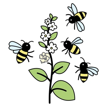 Several honeybees, with vibrant yellow and black stripes, are buzzing around a sweet bean plant. The bees are delicately landing on the small, white flowers of the plant, their wings glinting in the light. The sweet bean plant has lush green leaves and clusters of white blossoms, which are attracting the bees. Pollen grains are visibly sticking to the bees’ legs as they move from flower to flower, actively collecting pollen. The background is a simple representation of a garden setting, emphasizing the interaction between the bees and the plant.
