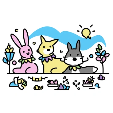 A vibrant folk art scene featuring various smiling animals such as a rabbit, a fox, and a deer. The animals are adorned with colorful festive decorations, including garlands of leaves and flowers. In the background, there are stylized trees with multicolored leaves, and a golden sun hangs in a bright blue sky. Surrounding the animals, there are elements representing the Mabon theme, like cornucopias filled with fruits and vegetables, emphasizing the harvest season. The overall composition showcases a joyful celebration of nature's abundance.
