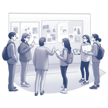 A group of students stands in a well-lit gallery space, each presenting their illustrated projects. Some students point to large posters adorned with various drawings, while others hold sketchbooks open to showcase their work. The atmosphere is filled with anticipation and excitement among the attendees, who are observing and discussing the artwork. The walls are decorated with additional illustrations, highlighting the creativity of the students. Each student is engaged in conversation, explaining their artistic concepts and techniques to the audience surrounding them.