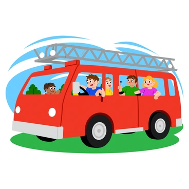 A group of four kids, two boys and two girls, are sitting inside a bright red fire truck during an open day event. The fire truck features large, shiny silver wheels and an extended ladder on the roof. The kids are smiling and excited, with the boys wearing colorful t-shirts and the girls in playful dresses. One boy is pretending to steer the wheel, while the other is pointing at the dashboard filled with various buttons and gauges. The fire truck is parked on a grassy area with a clear blue sky above and a few trees in the background, adding to the lively atmosphere.
