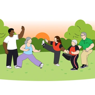 A group of people practicing Tai Chi in a park at sunset