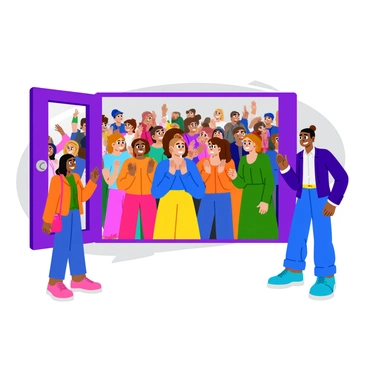 An enthusiastic crowd gathered at a fashion show, with people wearing colorful outfits and vibrant accessories. Several individuals are cheering and clapping, showcasing a variety of emotions like excitement and joy. In the foreground, one person stands outside the venue, peeking through the open doors, looking inside with a disappointed expression. This person is dressed in a simple outfit, contrasting with the flashy styles of the crowd. The scene captures the lively atmosphere of the fashion show while highlighting the contrasting feelings of the outsider.