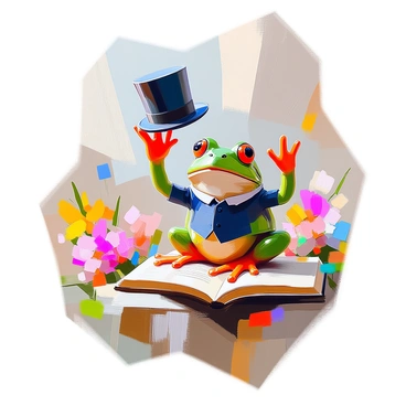 A colorful antique postcard showcases a whimsical scene featuring a green frog dressed in a dark blue waistcoat. The frog is waving a tall black top hat with one hand raised high in the air, creating a playful ambiance. The background of the postcard is filled with vibrant floral patterns, with various colorful flowers and leaves artistically arranged around the frog. The postcard has ornate borders, enhancing its antique charm and giving it a distinct vintage feel. The colors of the illustration are bright and rich, contributing to the overall joyful theme of the scene.