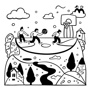 A basketball court floating among the clouds, with players in motion dribbling a ball. The court is adorned with intricate patterns that reflect a sense of magic. Below, a village with whimsical houses and twisting paths can be seen, surrounded by lush trees and sparkling rivers. A few clouds drift lazily around the scene, adding to the ethereal ambiance. The scoreboard displays the game score prominently, while some spectators can be observed cheering from a nearby cloud.