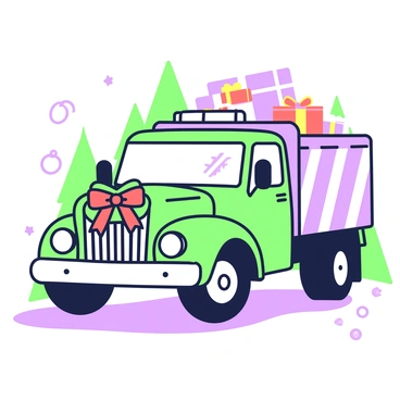 A truck is parked in a snowy landscape, decorated with "candy cane stripes" and "ribbons." The truck's front features a shiny grill and large headlights. The cargo area is filled with wrapped presents in various sizes, each adorned with bright bows. Snowflakes are gently falling around the truck, and there are evergreen trees in the background. A colorful wreath is attached to the front grill with a red bow, completing the festive look.