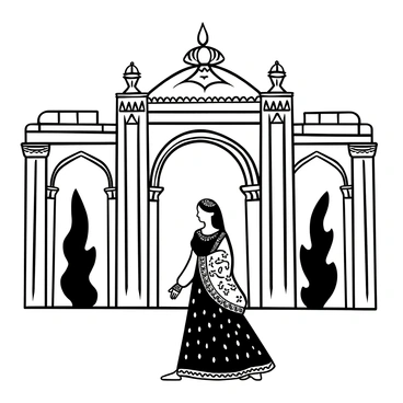A bride dressed in an opulent lehenga adorned with intricate patterns is walking gracefully into a grand palace. The palace features magnificent architecture, with tall columns and detailed carvings that showcase its grandeur. Luxurious chandeliers hang from the ceiling, and ornate decor lines the walls. The entrance is framed by majestic archways, and lush greenery can be seen in the surroundings, completing the splendid setting.