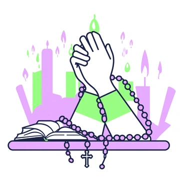 A pair of hands clasped together, holding a set of rosary beads. The beads are strung in a circular pattern, with a crucifix hanging from the end of the rosary. The fingers of the hands are gently wrapped around the beads, showing a sense of reverence. The background features soft, blurred silhouettes of candles, creating a peaceful atmosphere. A small, open prayer book lies on a surface nearby, partially visible, with its pages slightly curled.