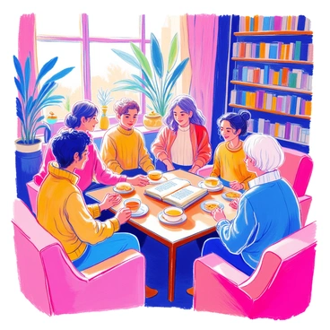 A diverse group of people is seated around a wooden coffee table in a cozy room. The group includes individuals of different ethnic backgrounds and ages, each displaying unique styles of clothing. They are engaged in a lively discussion about a book titled "Gender Equality" that is open on the table. Several cups of tea and plates of assorted biscuits are arranged around them. The room is warmly lit, with a bookshelf filled with various books and a few plants in the background. A comfortable sofa and armchairs provide a welcoming atmosphere for the conversation.