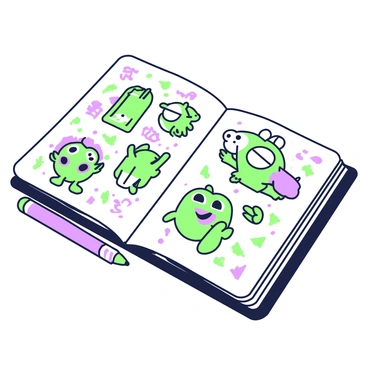 A close-up view of a sketchbook lying open on a flat surface. The pages are filled with lively doodles, showcasing various character designs. Some characters are anthropomorphic animals, with exaggerated features and expressions, while others are whimsical creatures with unique traits. The doodles are intricately detailed, showcasing a variety of poses and actions. A bright purple pen rests next to the sketchbook, hinting at the creativity behind the designs. The edges of the sketchbook are slightly worn, indicating it has been used often.