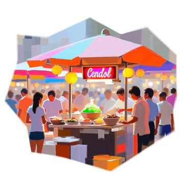 A bustling night market scene filled with various stalls and crowds of people. The focal point is a popular cendol stall, adorned with colorful lanterns hanging above. The stall features a large decorative sign displaying "Cendol" in vibrant letters. Vendors are busy serving customers, with bowls of green cendol and various toppings on display. The atmosphere is lively, with people chatting and enjoying their treats. Brightly colored fabric canopies provide shelter over the stalls, and nearby, food stalls showcase an array of dishes, adding to the vibrant ambiance of the market.