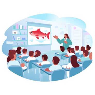A classroom filled with children sitting at their desks, attentively looking at an illustrated poster showcasing a "red snapper." The poster features a vibrant depiction of the fish, highlighting its distinctive red color and streamlined body. In the background, there are shelves filled with educational materials and books, while a large window lets in soft light. The walls are adorned with colorful artwork created by the students. The teacher, standing at the front, gestures towards the poster as the children take notes.
