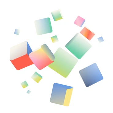 A collection of floating cubes of varying sizes is scattered throughout the scene. The cubes exhibit a range of vibrant colors including red, blue, green, and yellow. Each cube has a smooth and shiny surface that reflects light. The background consists of soft gradients that blend harmoniously, enhancing the dreamlike quality of the space. The cubes are positioned at different heights and angles, some even slightly overlapping, creating a sense of depth and dimension in the composition.