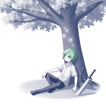 A character with green hair is seated comfortably underneath a large tree. The tree has a thick trunk and an expansive leafy canopy that provides shade. Next to the character, three swords are resting on the ground, arranged neatly. The character appears relaxed, with one arm resting on his knee and the other arm extended casually. Sunlight filters through the leaves, casting patterns of light and shadow on the ground around him. The background suggests a peaceful outdoor setting with grass and distant foliage.