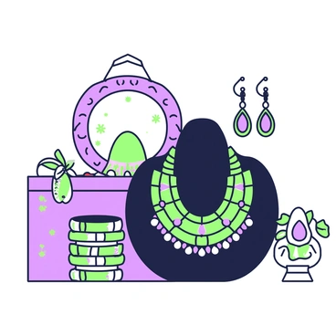 A display of traditional Indian jewelry arranged elegantly on a dark velvet backdrop. At the center, there is a large ornate necklace adorned with intricate designs, featuring a combination of green and purple gemstones. To the left, a set of bangles glimmers with a blend of gold and gemstones, stacked neatly. On the right, a pair of earrings hangs gracefully, showcasing detailed craftsmanship with gemstone accents. Behind these items, a decorative box is partially visible, hinting at more jewelry treasures inside.