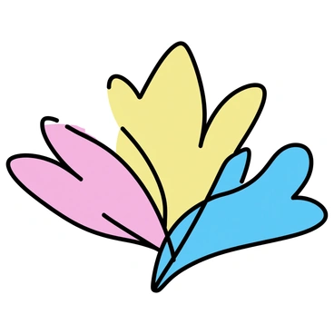 A collection of abstract flower petals in various colors, such as pink, yellow, and blue, gently overlapping each other. The petals are elongated and have smooth, flowing edges, creating a sense of movement. The blending of colors is soft, with subtle gradients where the petals meet, forming a harmonious composition. The overall arrangement of the petals is organic and free-form, suggesting a natural growth pattern.