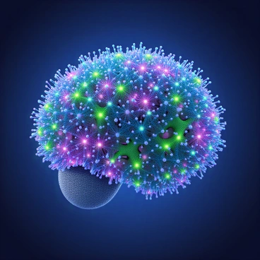 A vibrant neural network consisting of numerous neurons connected by synapses. The neurons are depicted in various colors, such as bright blue, green, and purple, with intricate dendrites extending outward. The synapses between the neurons are highlighted with glowing connections to emphasize the activity and communication between them. The background is filled with a soft gradient to enhance the visibility of the neural connections, creating an engaging visual representation of brain activity.
