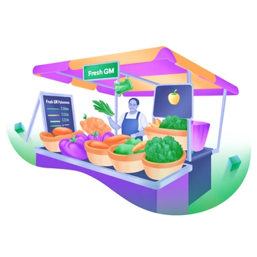 A market stall displaying a wide assortment of "genetically modified fruits and vegetables." The stall is covered with a colorful canopy, creating a vibrant atmosphere. Various fruits such as "plump, orange tomatoes," "shiny, green apples," and "vividly purple carrots" are arranged in baskets. There are also "large, bright yellow bell peppers" and "bunches of leafy, dark green spinach" prominently featured. The background includes a chalkboard sign listing prices and the words "Fresh GM Produce." Customers can be seen interacting with a friendly vendor.