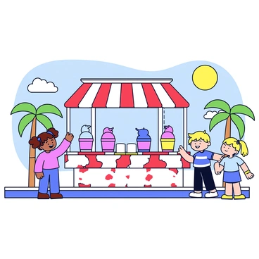 A charming ice cream stand with a striped red and white canopy. The stand is adorned with a colorful array of ice cream flavors displayed in clear tubs. Children stand in front of the stand, eagerly pointing at different flavors. One child has curly brown hair and is reaching for a bright blue scoop, while another child with blonde hair is excitedly looking at a pink flavor. The promenade is lined with palm trees, and there is a sunny sky in the background.
