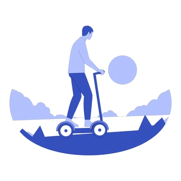A silhouette of a person is riding a mini segway. The figure is upright and balanced, with arms positioned outwards for stability. The mini segway features two large wheels and a handlebar. In the background, the setting sun creates a striking dichotomy across the horizon, casting a gradient effect. The sun is large and partially hidden, producing a sweeping shape that defines the outline of the horizon. Surrounding the scene, there are hints of distant landforms. The overall composition captures the dynamic motion of the rider against the expansive backdrop.