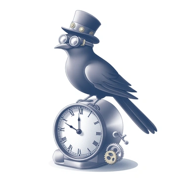 A corbeau wearing a tiny steampunk top hat and goggles, standing on a mechanical clock