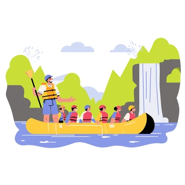 A charismatic rafting guide with a big smile is standing at the front of a colorful raft. The guide is wearing a bright life jacket and has a paddle in one hand, pointing towards a towering waterfall in the distance. The group of excited rafters, wearing helmets and life jackets, are sitting closely together, looking in the direction the guide is pointing. Surrounding them are lush green trees and rocky cliffs, with splashes of water cascading down the rocks. The sky is clear with a few fluffy clouds, creating a perfect backdrop for an adventurous day on the river.