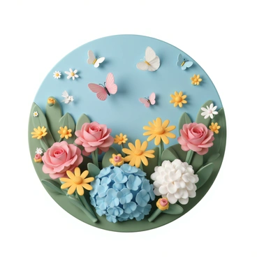 A tapis design featuring a vibrant garden scene. The garden is filled with blooming flowers, including red roses, yellow daisies, and blue hydrangeas. Butterflies of various colors and sizes flutter around the flowers, some resting on the petals. The background includes green foliage and a clear blue sky, providing a bright and lively atmosphere. The detailed textures of the flowers and the delicate wings of the butterflies create a rich visual depth in the design.