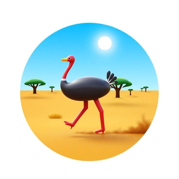 An ostrich with long legs and a large body is running across a dry savannah. The landscape is characterized by golden grasses and a few scattered acacia trees in the background. The sun is high in the bright blue sky, casting clear shadows on the ground. Dust is being kicked up by the ostrich's swift movements, emphasizing its speed and agility.