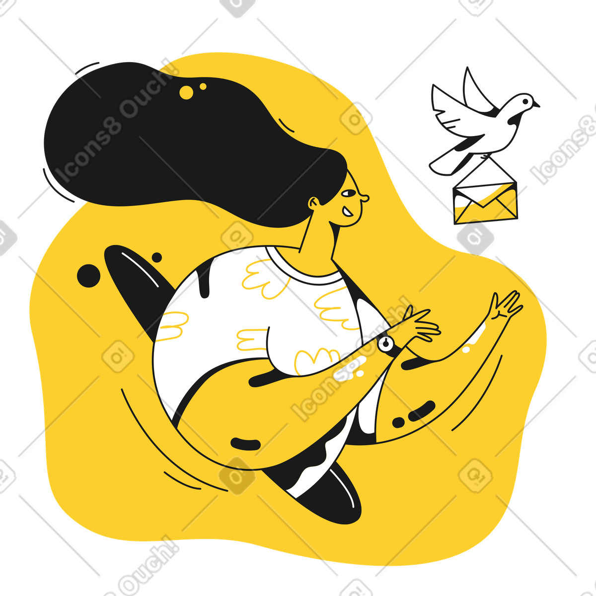 Ilustración animada Sending mail with carrier pigeon, Correspondence and message delivery en estilo Taxi a descargar en GIF, Lottie (JSON), AE