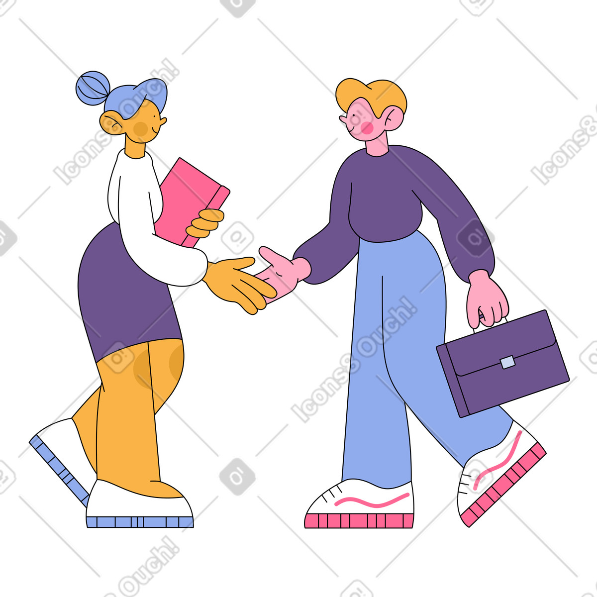 Frau und mann schütteln sich die hände machen einen geschäftsabschluss-Illustration im Bloom-Stil als Download in PNG, SVG